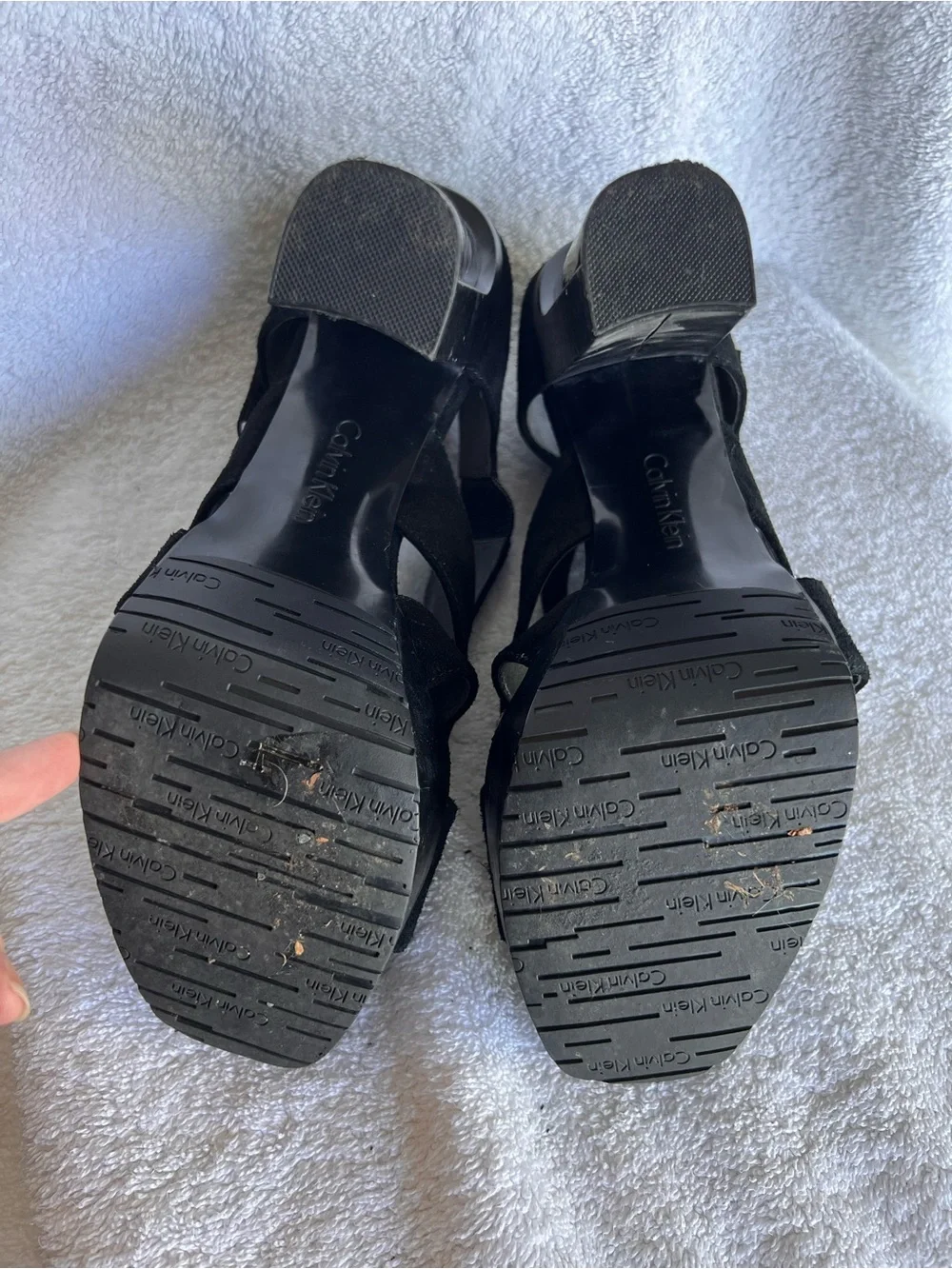 Calvin Klein Nichelle black suede platform sandals metallic silver